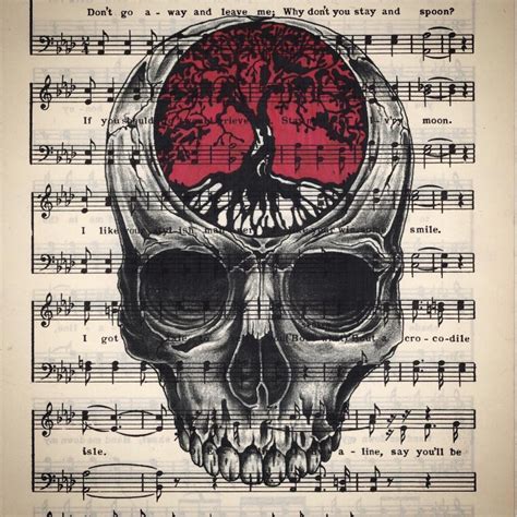 Skull With Tree Of Life Drawn On Music Notes Tattoo Design Available