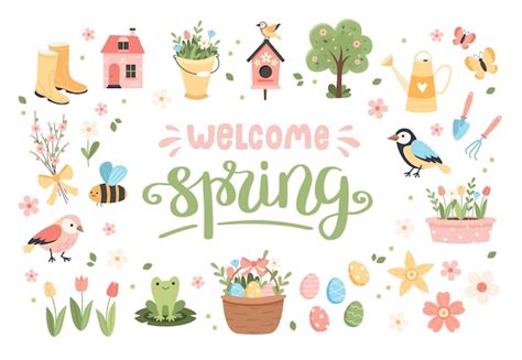 Premium Vector Welcome Spring Elements Collection Lettering With Cute