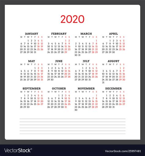 Calendar For 2020 Year Week Starts On Monday Vector Image