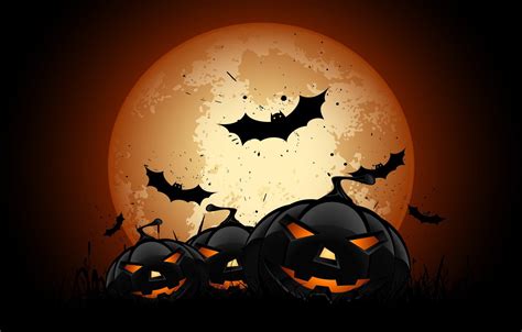 Wallpaper Vector Halloween Moon Night Bats Pumpkins Full Moon