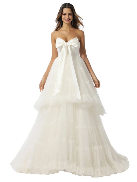 Dressv Strapless Wedding Dress Ball Gown Sleeveless Bowknot Tiered