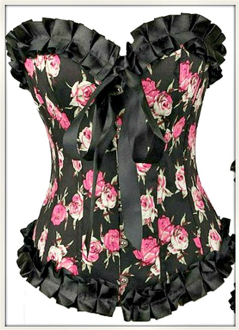 Cowgirl Gypsy Pink Roses On Black Satin N Ruffle Lace Up Back Western Corset Top Black Pink