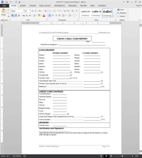 End Of Day Cash Register Report Template Free Printable Templates