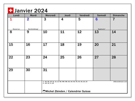 Calendrier Janvier 2024 Suisse Michel Zbinden Fr