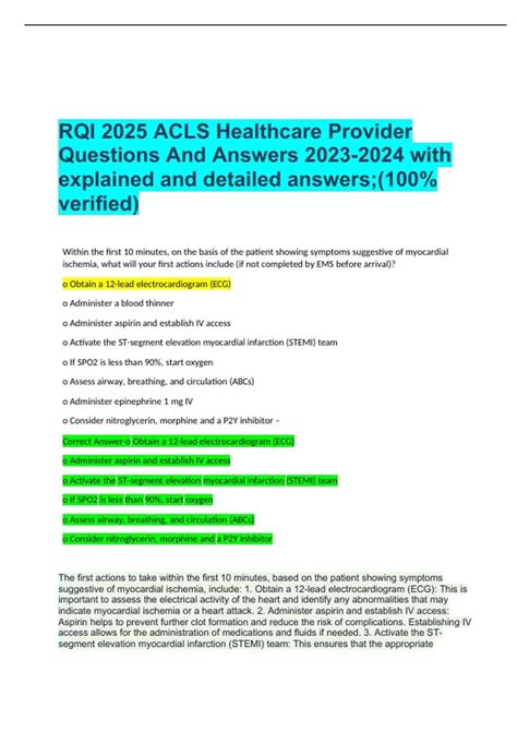 RQI 2025 ACLS Healthcare Provider Questions And Answers with explained