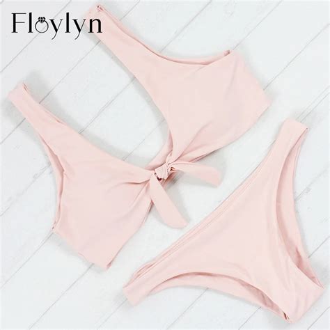 Floylyn Women Swimwear Pink Bow Tie Bikini Brazilian Swimsuits Micro Biquini Push Up Padded Bra