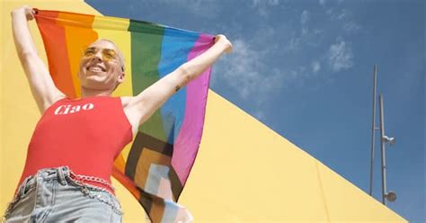Young Non Binary Model With Lgtb Flag With Yellow And Blue Background