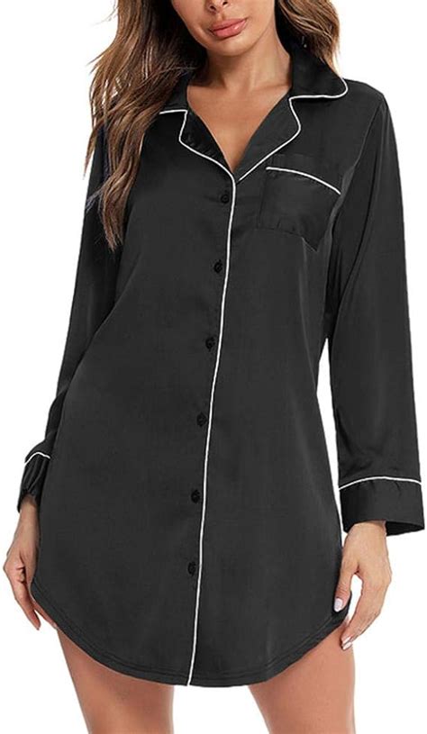 Womens Nightdress Nightshirt Long Sleeve Button Down Nightgown