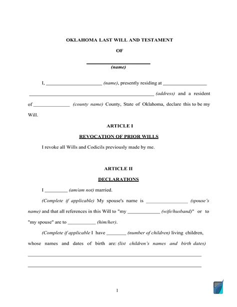 Fillable Oklahoma Last Will And Testament Form Free Formspal