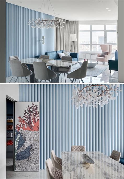A Light Blue Ribbed Accent Wall Adds A Soft Texture To This Living Room