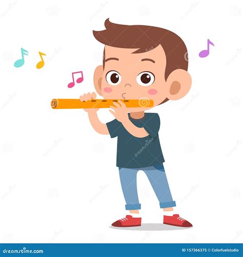 Happy Kid Play Flute Music Vector Stock Illustration Illustration Of