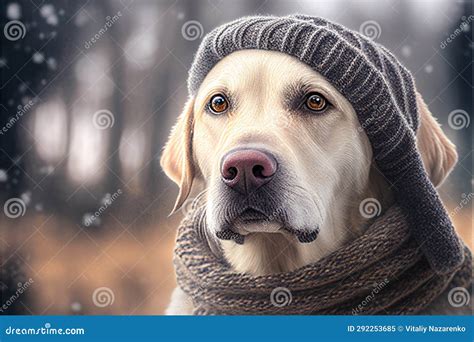 Portrait Of A Labrador Dog In A Hat And Scarf Ai Generated Stock Image
