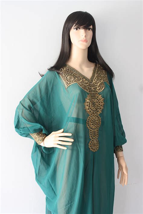 Moroccan Green Turquoise Chiffon Caftan Fancy Embroidery Dubai Abaya