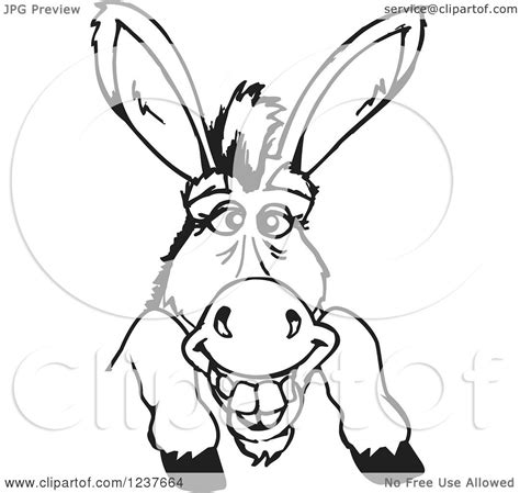 Clipart Of A Black And White Happy Donkey Smiling Over A Sign Royalty