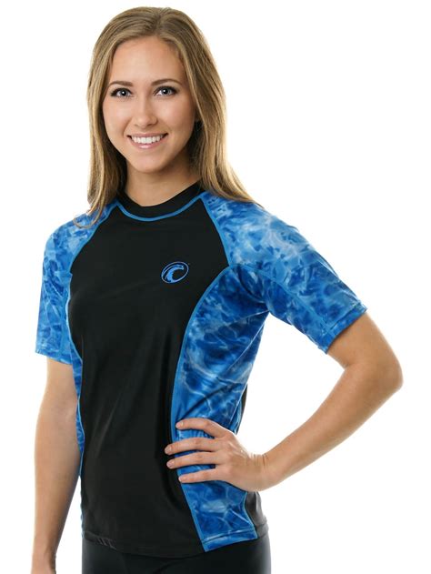 Aqua Design Short Sleeve Rash Guard Women Upf Uv Protection Swim Shirt Top Royal Ripple