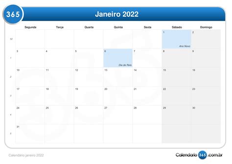 Calendário Janeiro 2022