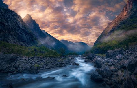 Down The Valley Romsdalen Norway The Valley Waterfall Landscape