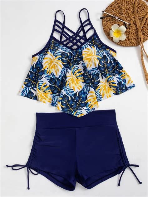 Tropical Lattice Hanky Hem Bikini Swimsuit Shein Usa
