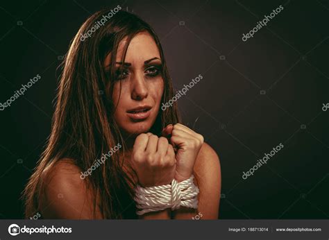 Desperate Kidnapped Woman Tied Rope Dark Waiting Help Stock Photo By