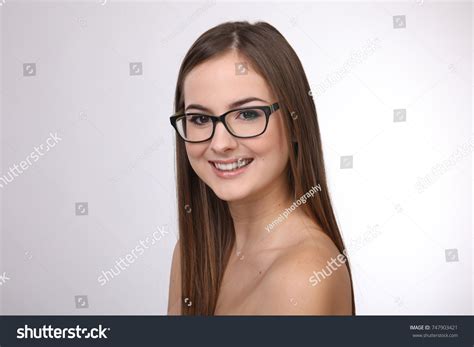 Beautiful Woman Glasses Naked Shoulders Smiling Stock Photo