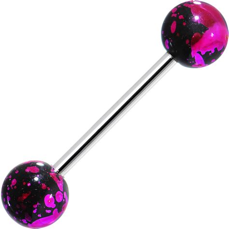 316l Steel Pink Black Enamel Metallic Splash Barbell Tongue Ring Top