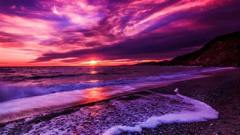 Playa Durante El Atardecer Púrpura Púrpura Fondo De Pantalla Hd Peakpx