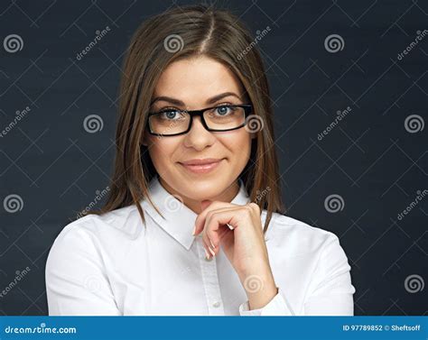 Close Up Face Portrait Of Smiling Business Woman Wearing Eyeglasses