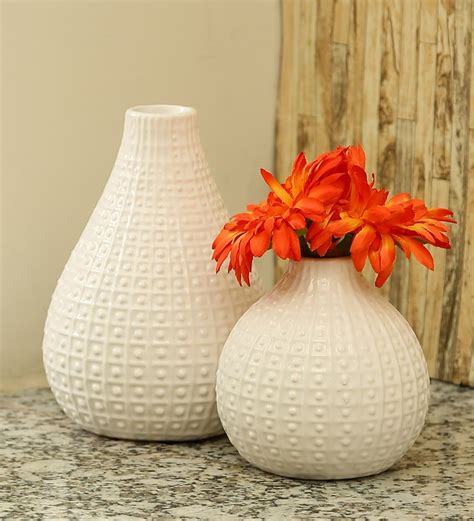 Buy White Ceramic Round Glazed Decorative Vase Set Of 2 By Aapno