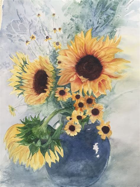 Sunflowers In Blue Vase Floral Watercolor Painting Original Paintings