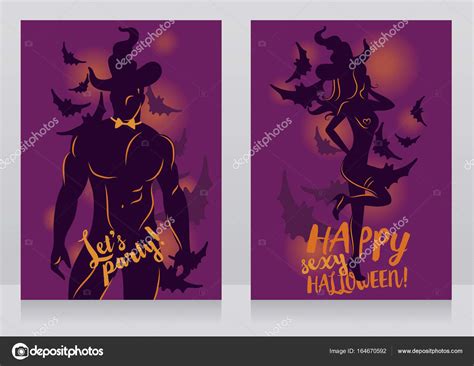 Banners For Adult Halloween Party With Sexy Man And Woman In Witch Hat And Bat S Silhouettes