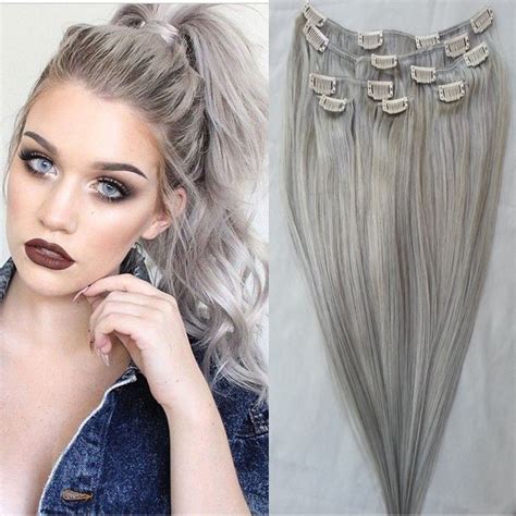 Gray Clip In Human Hair Extensions 120gset Peruvian Human Hair Clip