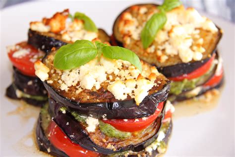 Grilled Eggplant Stacks With Tomato Basil Pesto And Feta