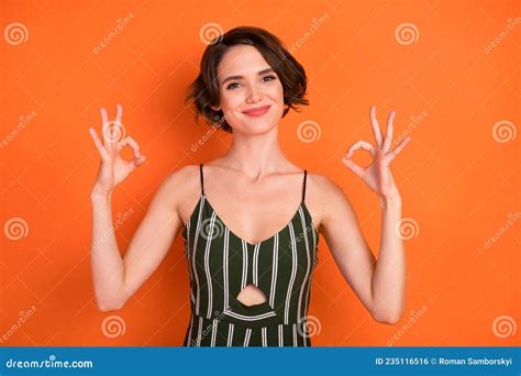 Photo Of Young Attractive Cheerful Girl Happy Positive Smile Show Okay Alright Sign Deal Ad