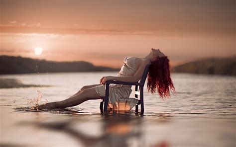 Wallpapers Girl Chair Water Sitting Redhead Sunset Women