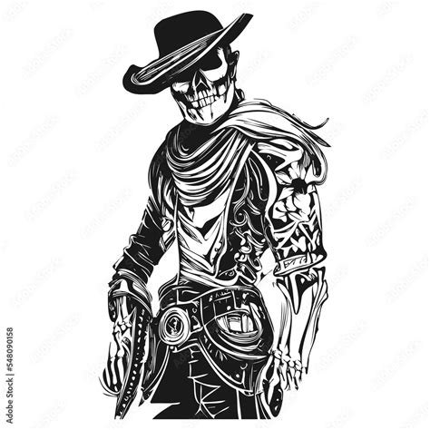 Cowboy Skeleton With Guns Tattoo Hand Drawn Vector Black And White Clip