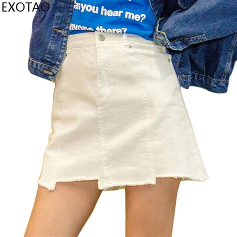 Exotao Denim Skirt For Women Summer 2017 Fashion High Waist Asymmetric Cutting A Line Mini Skirt