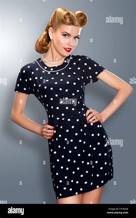Pin Up Girl In Retro Vintage Old Fashioned Dress In Romantic Pose Stock