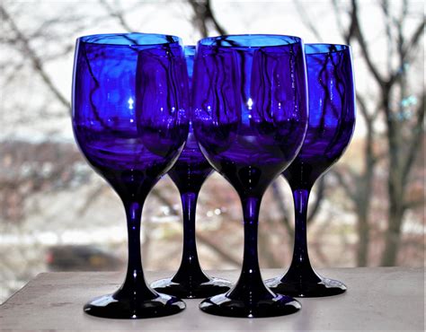 Blue Wine Glass 4 Cobalt Blue Glasses Mcm Glassware Cobalt Etsy