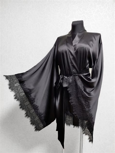 Black Silk Kimono Robe Long Satin Robe Mulberry Colors Etsy