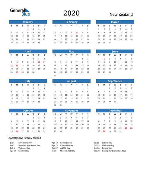 2020 New Zealand Calendar With Holidays