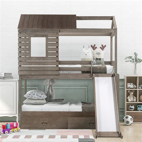 Buy Meritline House Bed Bunk Beds With Slide Twin Over Twin Size Bunk