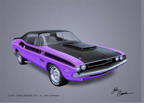 1970 Challenger T A Muscle Car Sketch Rendering Painting By John Samsen