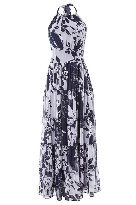 Patchwork Floral Print Halterneck Maxi Dress In Navy Roman Originals Uk