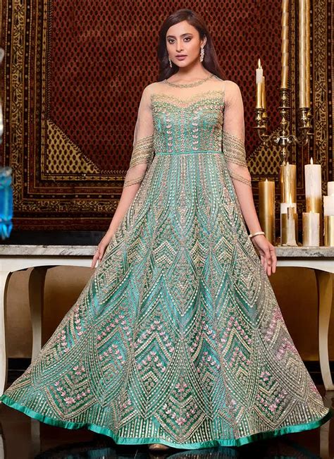 Mint Blue Net Embroidered Anarkali Suit Salwar Kameez Top 20 Anarkali Suits Designer Collection