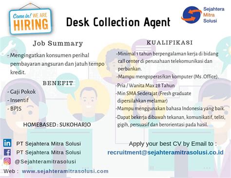 Daftar lowongan kerja terbaru memang saat ini banyak diminati oleh semua elemen masyarakat yang sedang mencari pekerjaan mulai dari yang sudah lama bekerja maupun fresh graduate. Lowongan Kerja PT Sejahtera Mitra Solusi Desk Collection ...