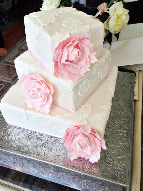 Square Wedding Cake With Lace And Peonies By Amy Hart Square Wedding
