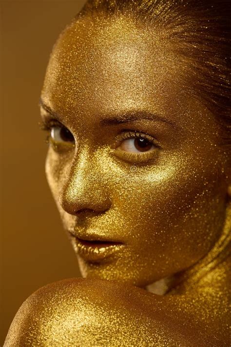 Close Up Portrait Beautiful Woman Golden Skin Sparkles Glitter Stock