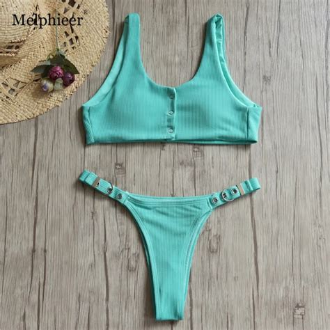 Ribbed Chest Buckle Bikini Adjust Swimsuit Thong Bathing Suits Swimming