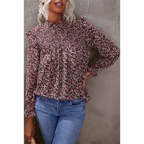 Red Floral Print Smocked Long Sleeve Blouse Ladybits