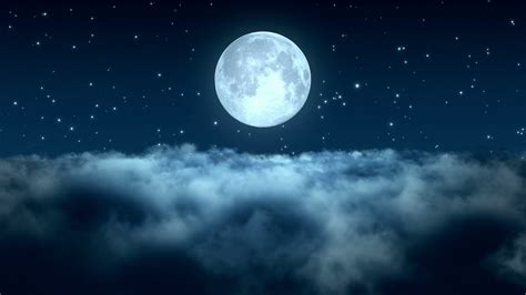 Flying Through Dense Clouds At Night With Beautiful Full Moon And